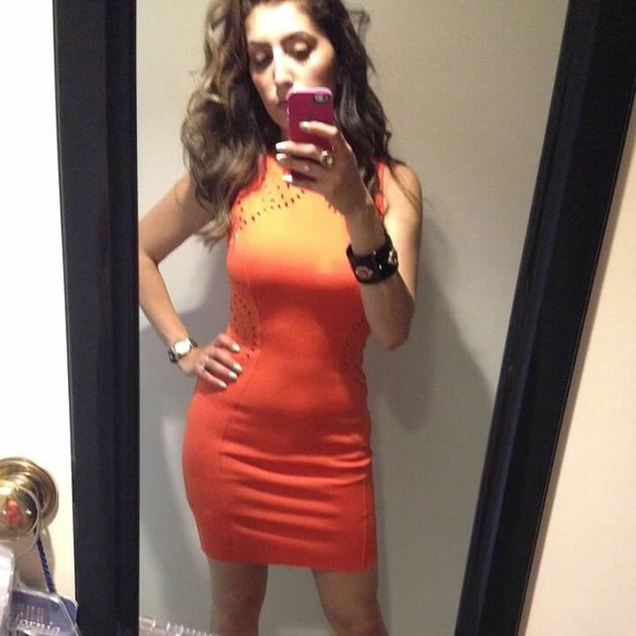 neon orange midi dress
